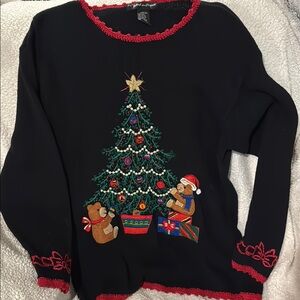 Ugly/Festive Black Christmas Sweater with Tree and Bear Design